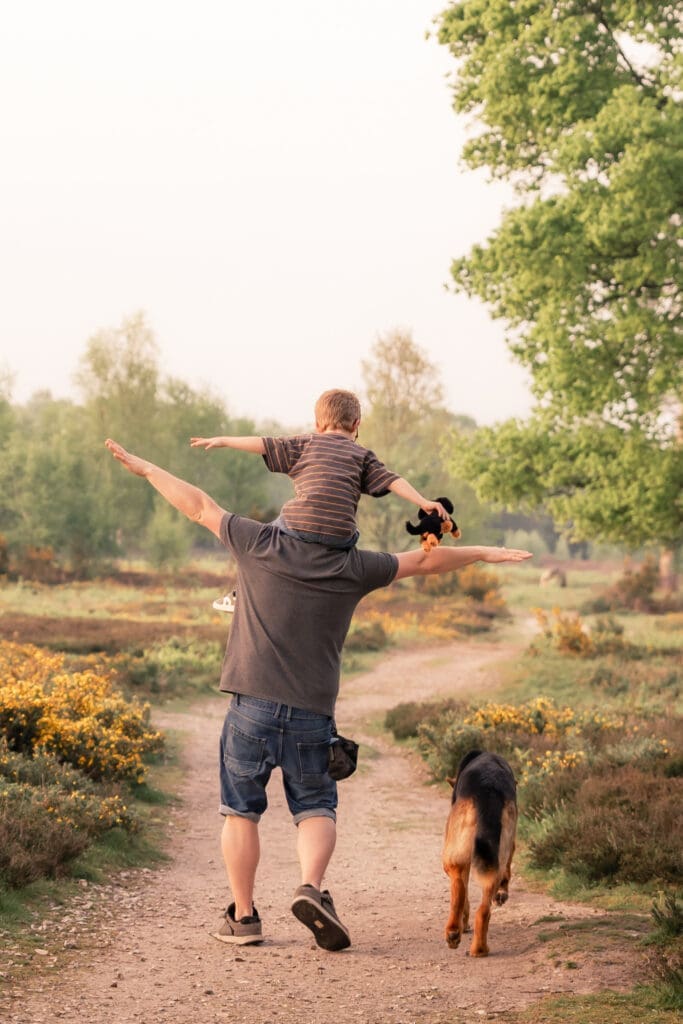 A dad walking away down a heathland path with his son on his shoulders, arms spread wide like an aeroplane, German Shepherd trotting alongside