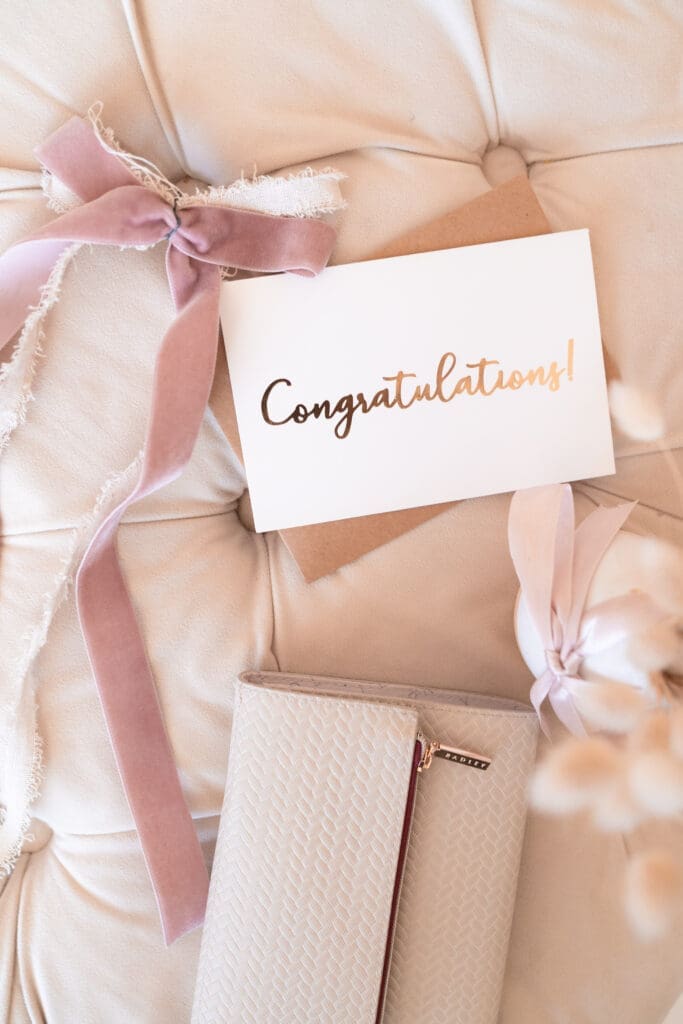 Bridal styling props and congratulations card flat lay from Rachel Caws signature branding shoot Sussex